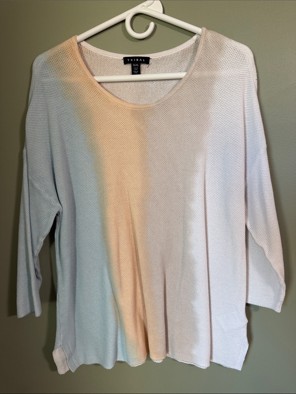 Tribal Lightweight Scoop Neck Sweater in Pastel Peach and Pale Blue